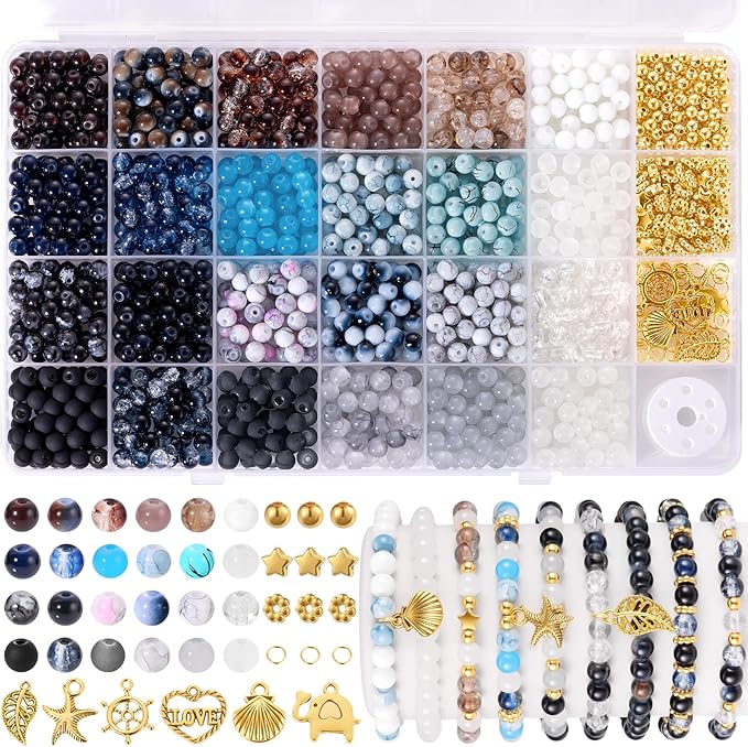funtopia glass beads for jewelry making, 1377pcs neutral tones bracelet making kit, 24 colors 6mm round glass beads, marble loose beads and gold spacer beads, diy crafts gifts for women men