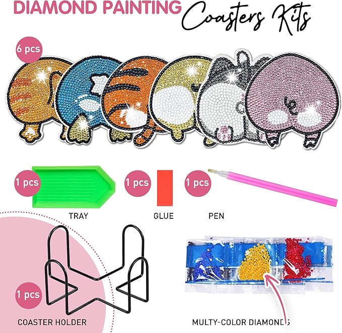 6 pcs Diamond Painting Coasters | Diamond Art Coasters | Animal Butt Diamond Art Painting | Perfect Art Craft Gift for Animal Lover, Dad, Mom, Grandparents, Brother, Sister.