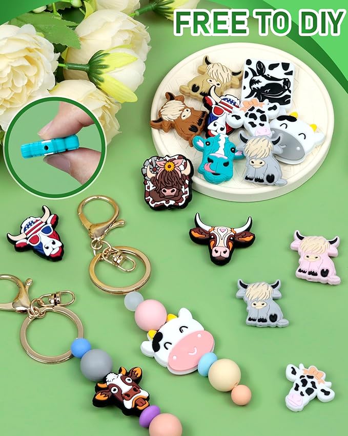 14PCS FIVEIZERO Cow Focal Beads and Animal Silicone Beads for Keychains, Bracelets, and Various Crafts, Includes Cow Designs for DIY Projects, Pens and Accessories