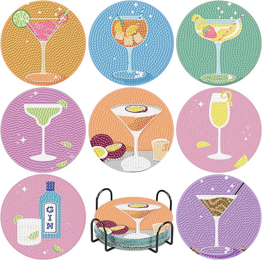 8Pcs Diamond Painting Coasters with Holder,DIY Cocktail Life Coaster Diamond Art Kits for Adults,Beginners Round Full Drill Diamond Art Craft Supplies