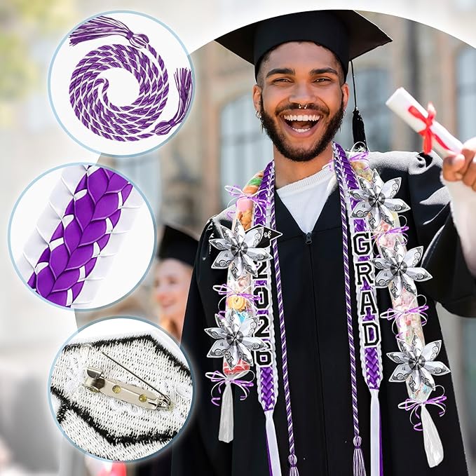 YLOLUL 16 Pcs Graduation Leis 2026 Graduation Candy Lei Kit with Honor Cord Class of 2026 Graduation Ribbon Double Lei Necklace Graduation Gift Party Accessories for Women Men