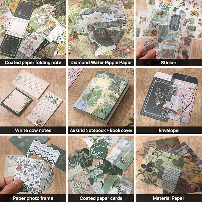 Scrapbook Photo Album Supplies Kit with Tweezers and Glue Tape, Green Aesthetic Vintage Junk Journal Scrapbooking Paper, Sticker Pack, Notebook Craft Supplies, DIY Gift for Adult Men Women (Wild Dome)