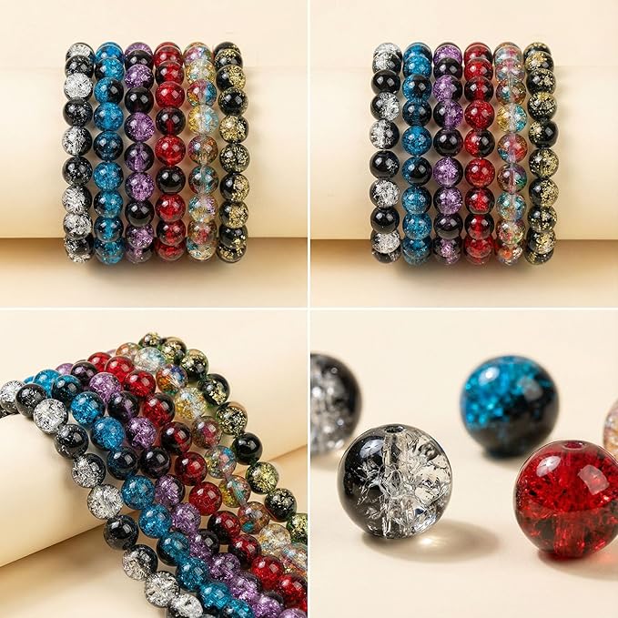 Glass Crystal Beads for Jewelry Making Kit, 6 Colors 300 PCS Colorful 10 mm Glass Beads for Bracelets Home Decor DIY Crafts Bracelet Necklace Supplies with Hemp Rope Handmade Polished Elastic Strings