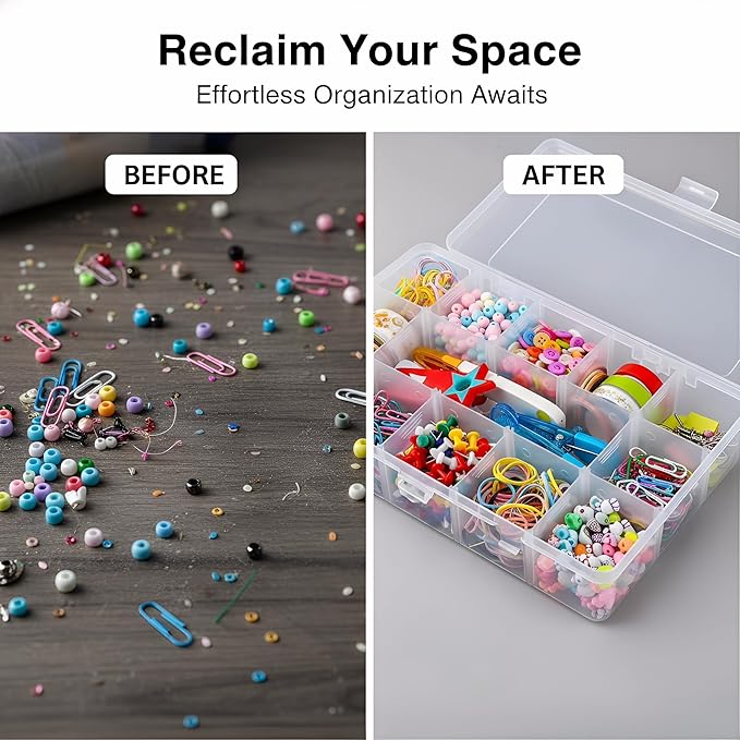 2 Pack 15 Grids Clear Plastic Organizer Box with Adjustable Dividers, Craft Storage Containers for Jewelry, Beads, Screws, Tackle Box, Washi Tapes, Small Parts Organizer for Arts and Crafts