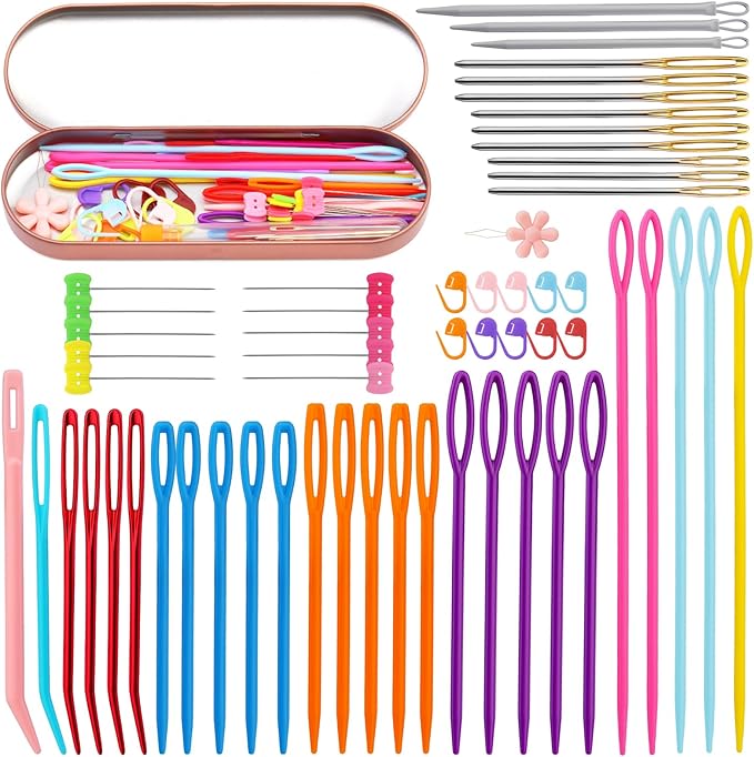 61Pcs Plastic Large Eye Sewing Needles Set, Yarn Needles Bent Tapestry Needles, Sewing Needles, Large Eye Blunt Needles with Colorful Stitch Markers and Straight Pins for Knitting Crochet Sewing