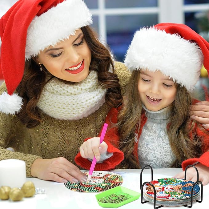 UPINS 8 Pcs Christmas Diamond Art Coasters,Christmas Themed Coasters with Holder Craft Supplies for Holiday Decor Gifts