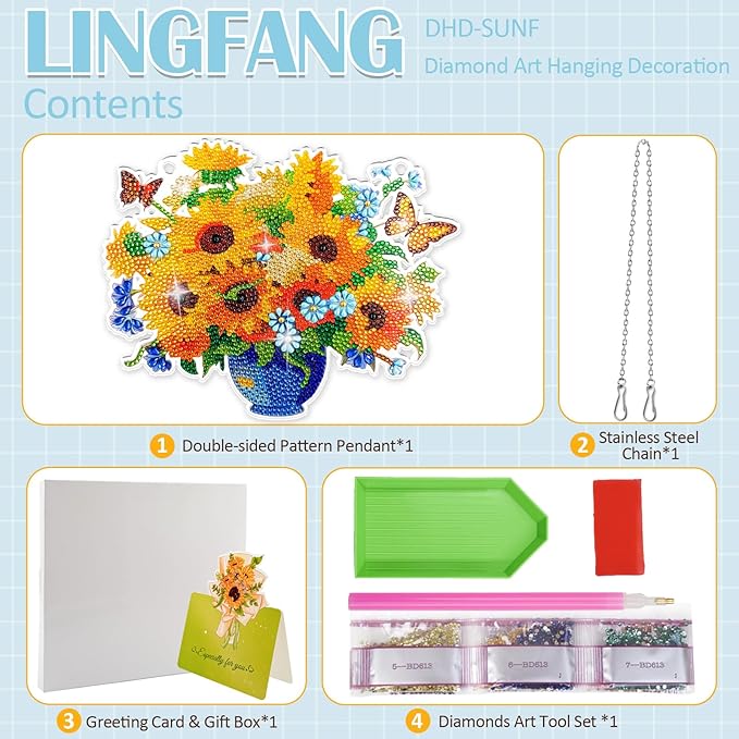 LINFANG Diamond Art Hanging Kit for Adult, Diamond Painting Ornament Kit, Special Shaped Rhinestone,DIY Acrylic 5D Art Window Pendants Home Garden Wall Hanging Kits,Double Sided (Sunflower)