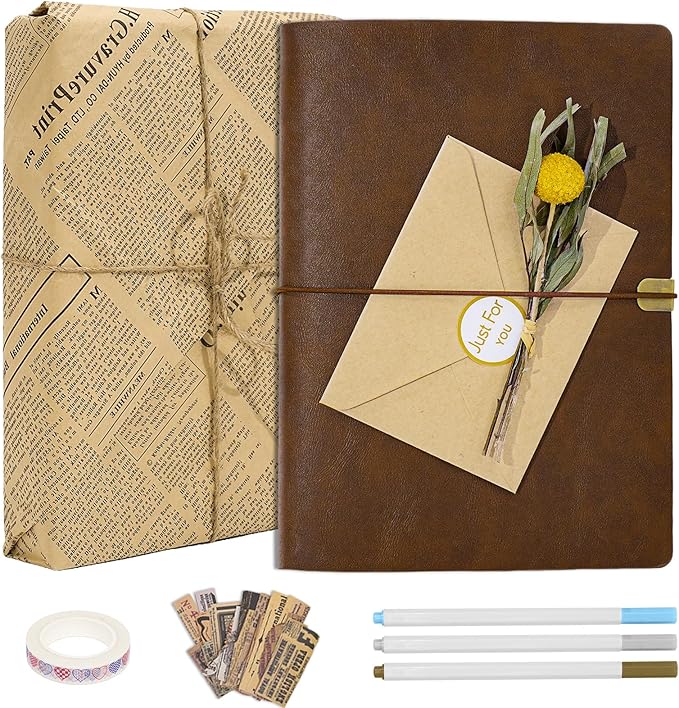 Vienrose Photo Album Scrapbook Kit, 3 Ring Faux Leather Cover DIY Memory Book Kraft Paper with 30 Sheets 60 Pages, Vintage Scrapbooking Supplies Set for Wedding, Anniversary, Valentine Gifts, Brown