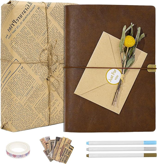 Vienrose Photo Album Scrapbook Kit, 3 Ring Faux Leather Cover DIY Memory Book Kraft Paper with 30 Sheets 60 Pages, Vintage Scrapbooking Supplies Set for Wedding, Anniversary, Valentine Gifts, Brown
