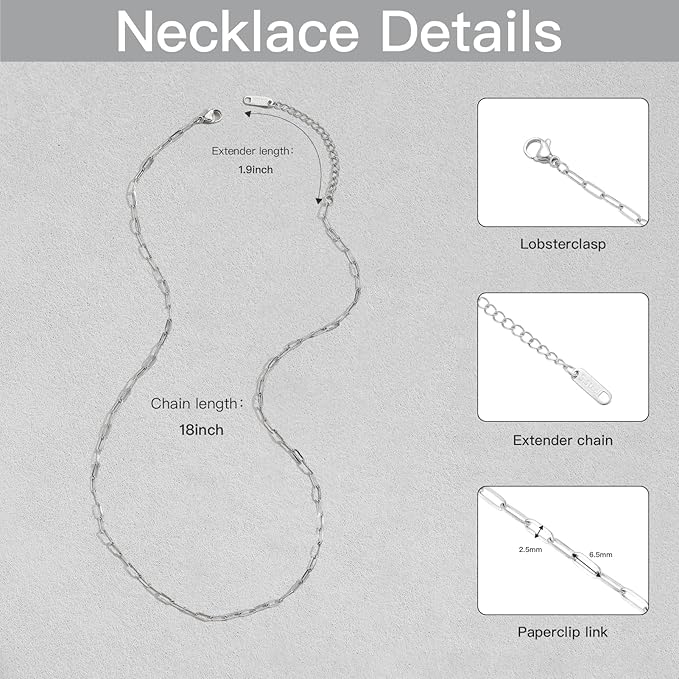 Swyabi 10 PCS Stainless Steel Paperclip Chains 18Inch Adjustable Necklace Bulk for Men Women DIY Bracelets Crafts
