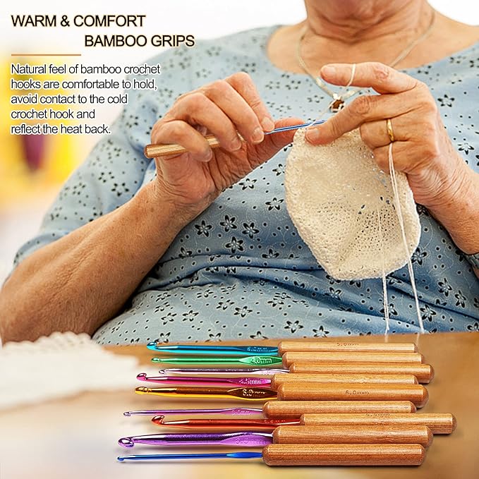 Coopay Bamboo Crochet Hooks Comfort Grip, 6.7" Crochet Kit Longer Aluminum Shaft Crochet Needles for Crocheting, Ergonomic Knitting Hooks Set for Crochet Yarn Craft, Premium Knitting Crochet Supplies