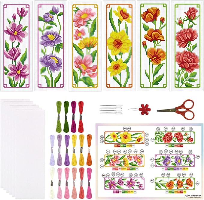 ORIGACH 6 Set Floral Cross Stitch Bookmark Kit for Beginner with Backing Felt Floss Instructions Magnolia Daffodil Rose DIY Stamped Embroidery Bookmark Kit for Adults, Book Lovers