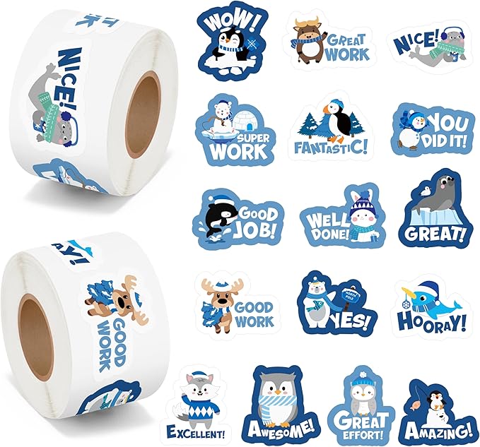 beyumi winter polar animal sticker - 1000pcs teacher reward stickers in 2 rolls cute arctic animal motivational positive xmas decal waterproof vinyl school classroom office bottle party decor for kids