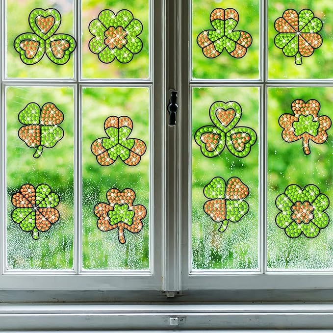 Qyeahkj 6 Pcs St Patrick's Day Arts Crafts DIY Shamrock Shape Gem Diamond Suncatcher Crafts for Kids Saint Patrick Diamond Painting Gifts Exchange for Kids Aged 4 6 8 10 12 for Home School Party Decor