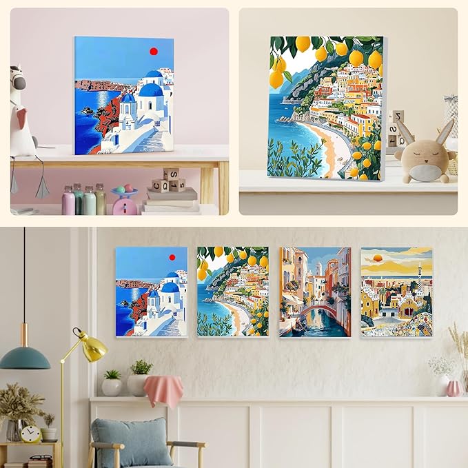 NEWENMO 4 Pack Paint by Numbers Kit for Kids Beginner with Wooden Frame, Beautiful Coast Village, Paint by Numbers Kit for Adults, Park and Cityscape, DIY Painting Kits for Home Wall Decor 8x10 inch