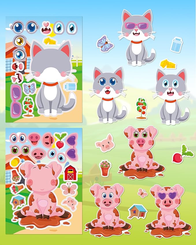 aowplc 48 sheets farm animal make‑a‑face stickers for kids & toddlers – 12 unique mix‑and‑match designs – farm party favors, birthday supplies, activities & crafts