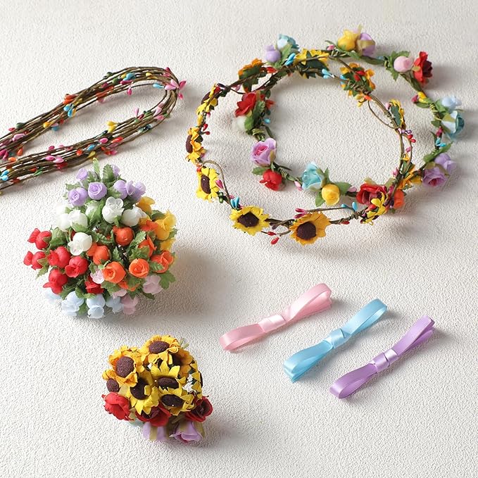 KorViSHOW DIY Flower Crowns Making Kit, 149 Pcs Handmade Rose Sunflower Floral Headband Making Kit, DIY Creativity Fairy Flower Hair Accessories Craft Set for Women Make Your Own Princess Arts Gifts