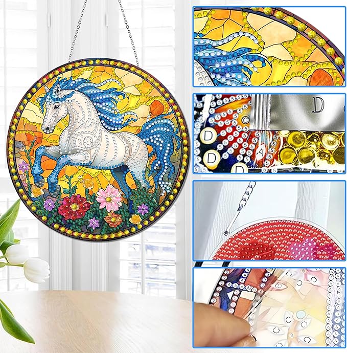 Reofrey Hanging Diamond Art Kits for Adults - 8x8 Inch Horse Acrylic Board Double Sided Pattern Diamond Painting Suncatcher Pendant, DIY Crystal Art for Home Wall or Window Decoration Handmade Gift
