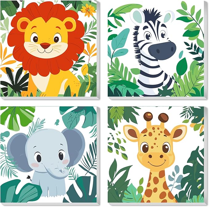 KEYIFA 4 Pack Paint by Numbers Kids Kit with Frame, Easy Animal Painting Kits for Adult Beginners, Plants Acrylic Painting on Framed Canvas for Home Decor Gift, 8x8 in (Lion+Zebra+Elephant+Giraffe)