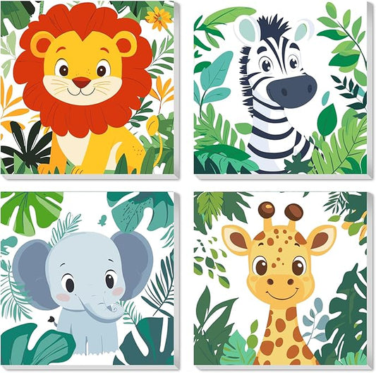 KEYIFA 4 Pack Paint by Numbers Kids Kit with Frame, Easy Animal Painting Kits for Adult Beginners, Plants Acrylic Painting on Framed Canvas for Home Decor Gift, 8x8 in (Lion+Zebra+Elephant+Giraffe)