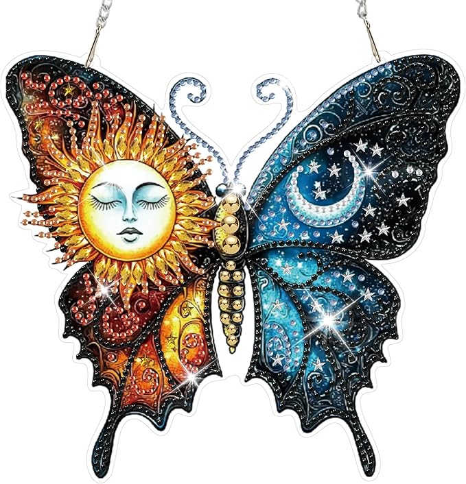HEIBAGO Diamond Art Hanging Kits for Adults Kids, Hanging Diamond Art Butterfly, 5D Special Shaped Crystal Diamond Painting Kit Sun and Moon, DIY Pattern Window Pendant for Home Wall Decor 8.3x8.3Inch