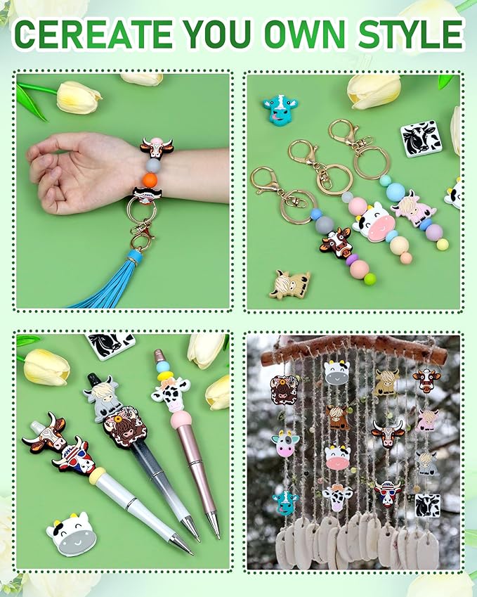 14PCS FIVEIZERO Cow Focal Beads and Animal Silicone Beads for Keychains, Bracelets, and Various Crafts, Includes Cow Designs for DIY Projects, Pens and Accessories