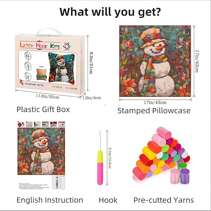 Stained Glass Christmas Snowman DIY Latch Hook Pillow Kits for Adults Printed Pillowcase Crochet Yarns Hooking Handmade Pillow Cover Cushion for Home Sofa Decoration 17x17inch