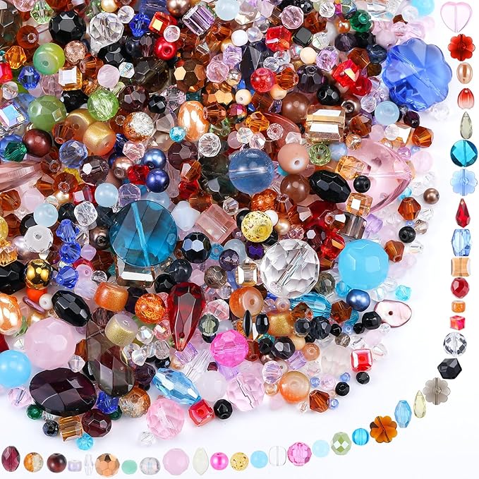 Sureio 1300 Pcs Assorted Glass Beads for Jewelry Making, About 0. 9 Pounds Multicolor Crystal Stone Beads Bulk, 5-13mm DIY Lamp Arts and Craft Decorative Hobby Artistry Making Supply (Assorted)