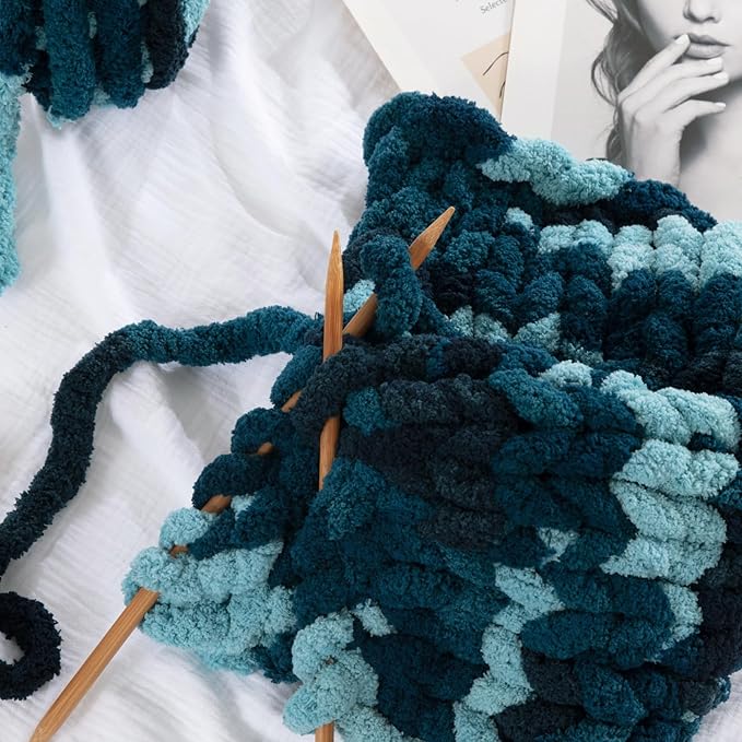 HOMBYS Chunky Tie Dye Mix Chenille Yarn for Hand Knitting, Super Bulky Jumbo Yarn for Crocheting, 3/4" Thick Soft Plush Yarn for Blankets, 8 Skein Pack (26 yds / 7.5 oz Each) Blue