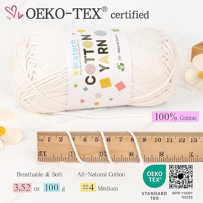 Katech 1OO% Cotton Yarn for Crocheting & Knitting-4 Pack of 100g/3.52 oz-4 Medium (Worsted) Cotton Crochet Yarn-Soft & Breathable-Ideal for Dishcloths, Baby Clothes, Potholders & Summer Projects(B)