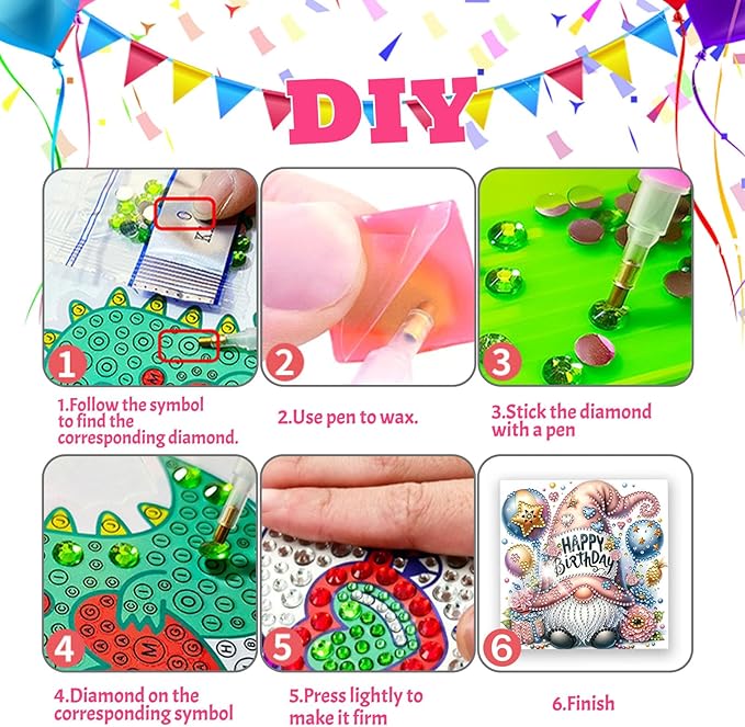 YOKUSHI 12 PCS Diamond Art Painting Birthday Greeting Cards, Fete Day Craft DIY Card Making Kits for Adults Gifts (Happy Birthday)