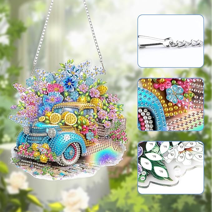 Lxmsja DIY Retro Truck Diamond Painting Hanging Ornament, Double-Sided Acrylic Lemons and Flowers Diamond Art Kit, Special Shaped Suncatcher Hanging Pendant Window Art Kit