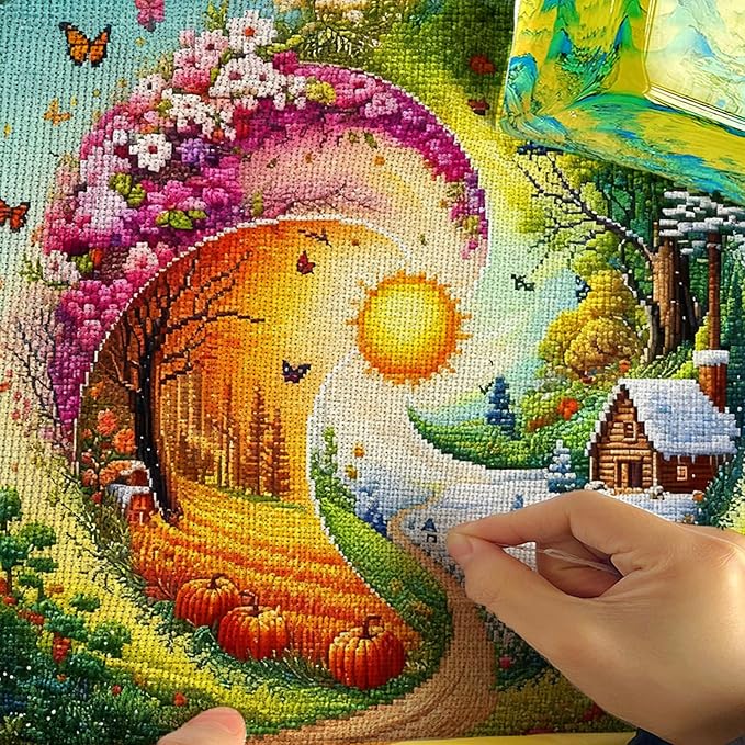 Zhenqing Four Seasons Rotation Cross Stitch Kit for Beginners, 11CT Printed White Cotton Fabric, 36x36cm Full Embroidery with Threads, Needle & Instructions (70677)