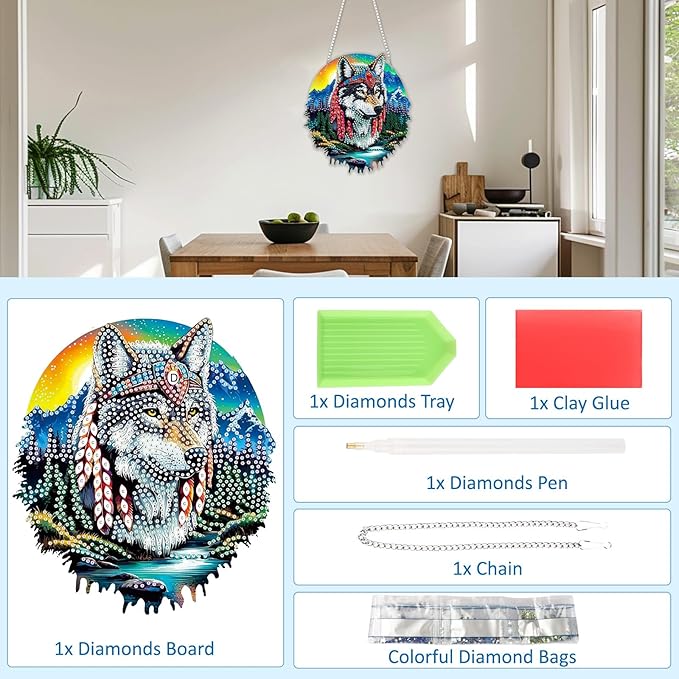 SENQAO Wolf Diamond Art Hanging Kit for Adult Mountain Landscape, 5D Special Shape Diamond Art Kits, Wolf Crystal Rhinestones Diamond Gem Art Painting for Home Garden Wall Decor