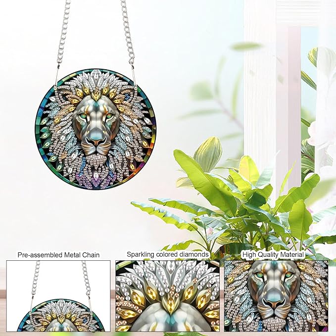 Lion Diamond Painting Hanging Kit, DIY 5D Acrylic Pendant with Special Shaped Rhinestones, Lion Head Diamond Art Ornament for Wall, Door, or Garden Decoration, Handmade Craft Gift for Adults