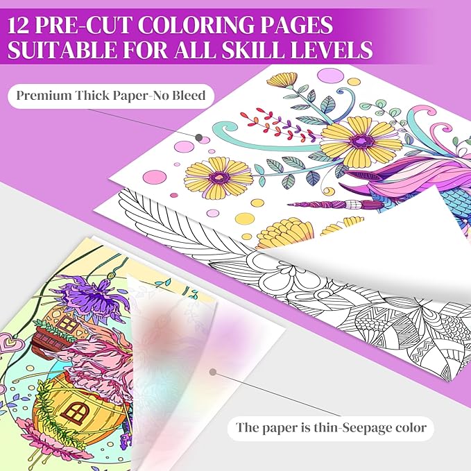 Adult Coloring Book with 24 Dual Tip Colors Markers, 12 Pcs Premium Coloring Pages & 2 Pcs Wooden Photo Frames & 24 Colors Markers, Mindfulness Art-Painting-Kits Gifts for Women - Flowers