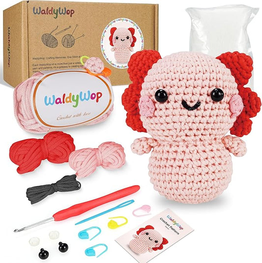 WaldyWop Crochet Kit for Beginners Adults, Wobbles Crochet Animal Kit, Complete Starter Knitting Set w/Step-by-Step Video Tutorials, Easy Yarn (Extra 40%), Hook - DIY Craft Kits, Gifts for Women