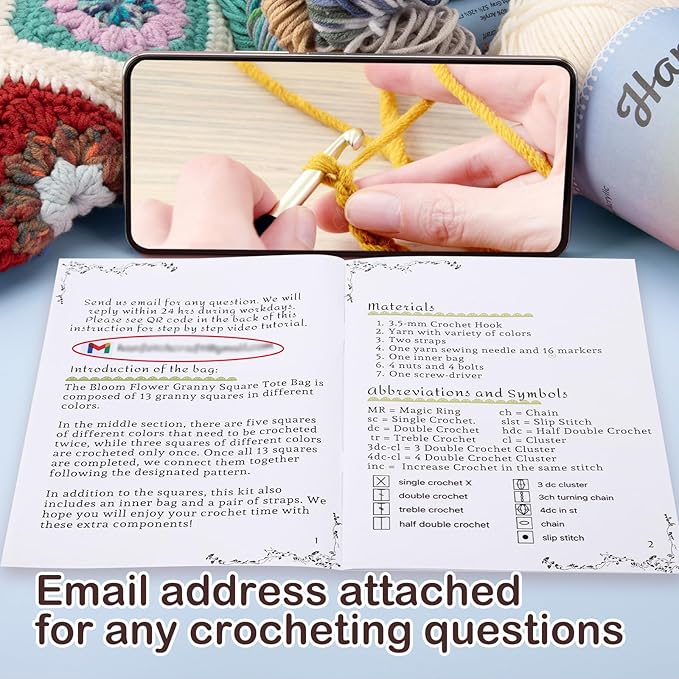Hanfetch Crochet Kit for Advanced or Intermediate Beginner, Step by Step Video Tutorial and Detailed Guide Instruction DIY Craft Supplies for Adult and Kid with Complete Kit for Granny Square Tote Bag