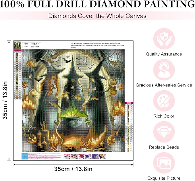 Yezavesu Halloween Diamond Art Kits for Adults, Halloween Witch Diamond Painting Kit for Beginners, 5D DIY Round Full Drill Painting with Gem Art Craft Kits for Home Wall Decor 14x14 Inch