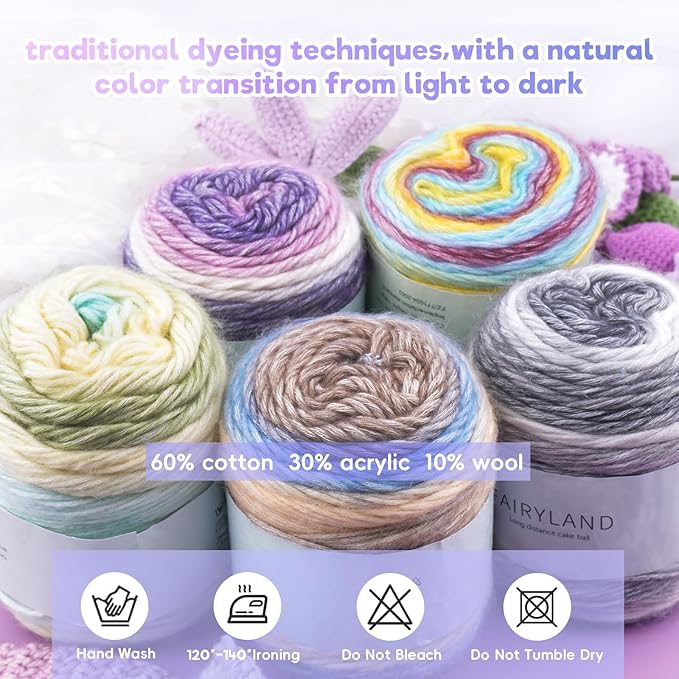 Cake Yarn for Crocheting,Colorful Crochet Yarn 3x100g 60% Cotton 30% Acrylic 10% Wool,Soft Fluffy Gradient Ombré Cotton Yarn for Crocheting Sweater,Blanket,Glove
