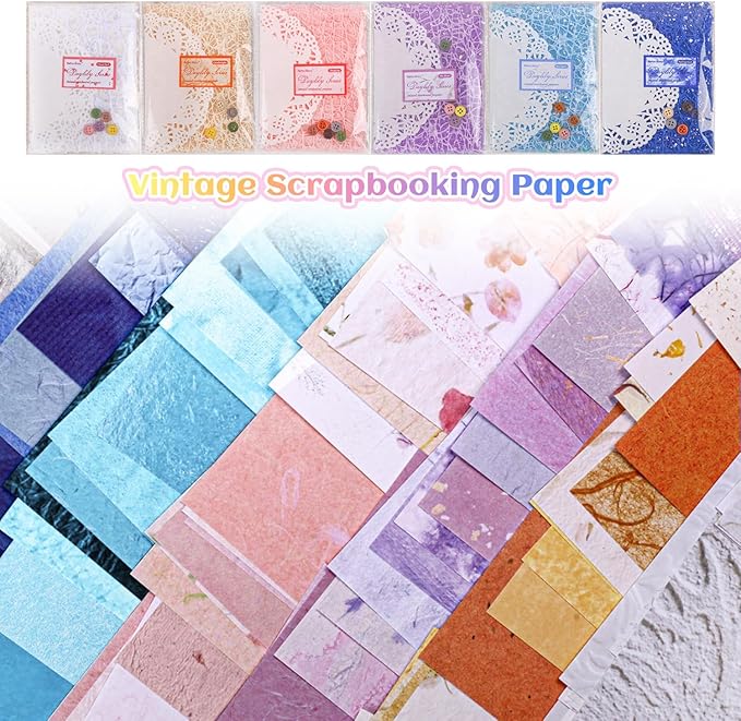 156Sheets Textured Scrapbook Paper & Mesh Fabric Assorted Set+30 Buttons, 6 Pack Mixed Special Paper for Scrapbooking,Planner,Bullet Junk Journal Supplies & DIY Mixed Media Collages 4.3x5.5in