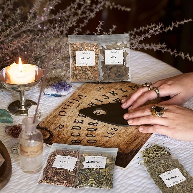 35Pcs Dried Herbs for Witchcraft Supplies, Dried Herb Kit for Witch Beginner, Wiccan, Wicca Altar Supplies, Magic Ritual and Spell, Candle and Soap Making, with Witchy Bell and More