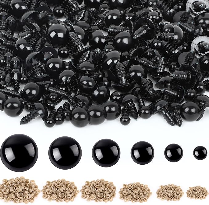 UPINS 600 Pieces 6-16MM Safety Eyes with Washers Black Plastic Safety Eyes for Amigurumi Doll Crochet Eyes for DIY Crafts Stuffed Animals Making Supplies