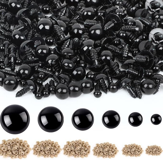 UPINS 600 Pieces 6-16MM Safety Eyes with Washers Black Plastic Safety Eyes for Amigurumi Doll Crochet Eyes for DIY Crafts Stuffed Animals Making Supplies