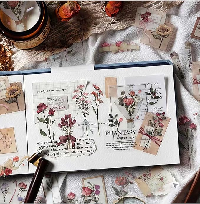 Vintage Pink Rose Scrapbook Stickers, 40Pcs Decorative Retro Adhesive Watercolor Aesthetic for Craft Art Bullet Junk Journal DIY Paper Planner Notebook Collage Album