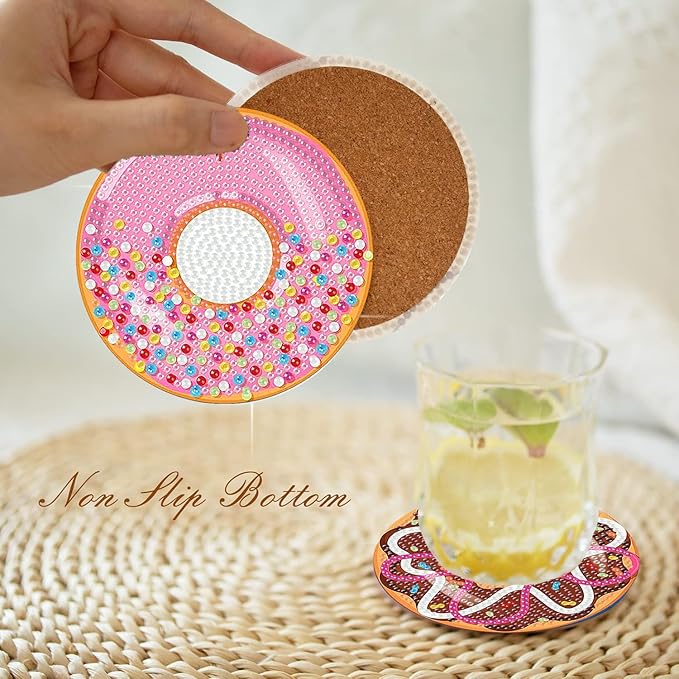 igoodom 8 Pcs Diamond Art Coasters Kit with Holder, DIY Donuts Diamond Painting Coasters for Beginners Adults, Non Slip Diamond Art Kits Craft Supplies 4x4inch