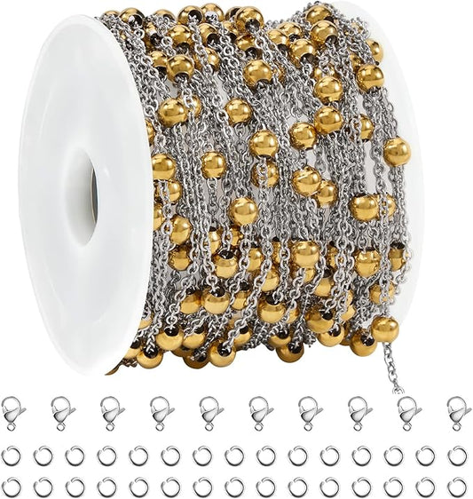SMYHTGLIF 16.4 Stainless Steel Cable Chain Gold Bead Chain for Jewelry Making DIY Craft Jewelry Making Supplies