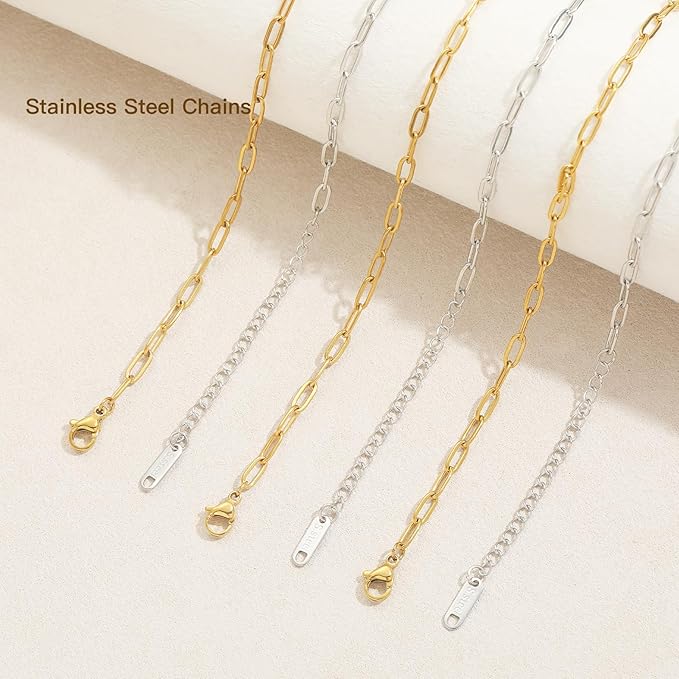 Swyabi 10 PCS Paperclip Chain Bracelet Kit 6.5 Inch Stainless Steel Charm Bulk Bracelets with Extender for DIY Jewelry Making (Gold + Steel）