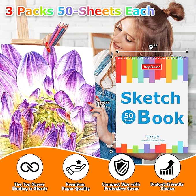3-pack 50 sheets 9" x 12" sketch book, spiral bound art sketchbook, bulk school supplies for kids, acid free artist easel drawing paper pad for drawing painting writing sketching