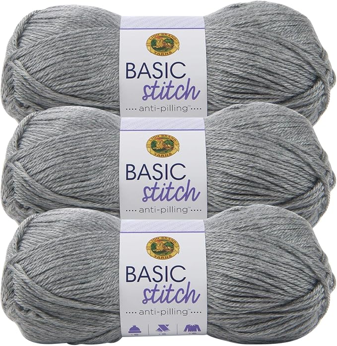 Lion Brand Yarn Basic Stitch Anti-Pilling Yarn for Crocheting, Knitting, and Crafts, Silver Heather, 3 Pack